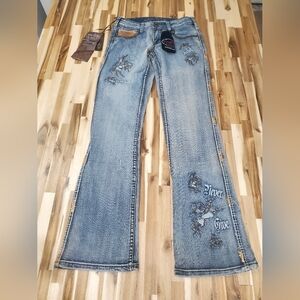 Cowgirl Tuff Distressed Blue Jeans with Embroidery